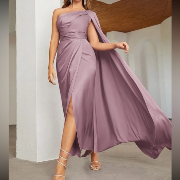 Luxe one shoulder party formal evening wedding prom satin dress - Picture 9 of 16